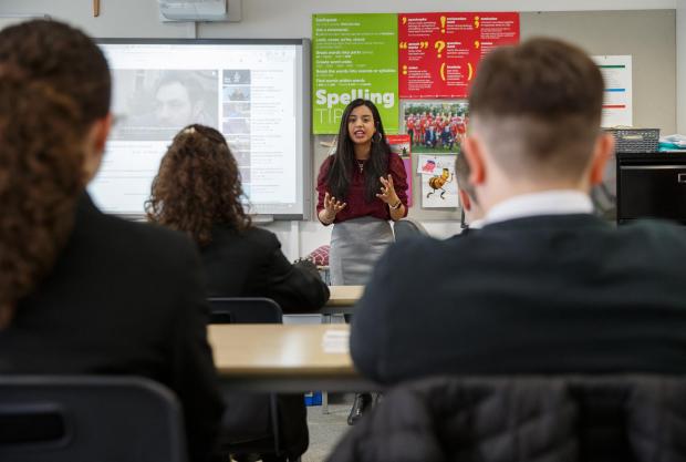 Glasgow Times: Sameeha Rehman, finalist for Scotswoman of the Year 2021. Sameeha is the founder of social enterprise Ubuntu Scotland where she brings life skills into schools. She is pictured at St Ambrose high school in Coatbridge with S3 pupils during a  personal